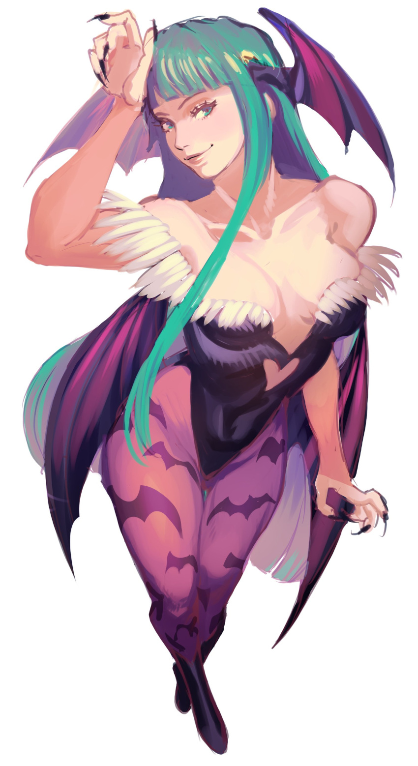 1girl absurdres animal_print bat_print bat_wings black_leotard black_nails boots breasts bridal_gauntlets clothing_cutout demon_girl fingernails from_above full_body green_eyes green_hair hanny_(uirusu_chan) head_wings heart_cutout highres leotard lips long_hair looking_at_viewer low_wings medium_breasts morrigan_aensland pantyhose print_legwear purple_legwear purple_wings sharp_fingernails smile solo strapless strapless_leotard vampire_(game) very_long_hair white_background wings