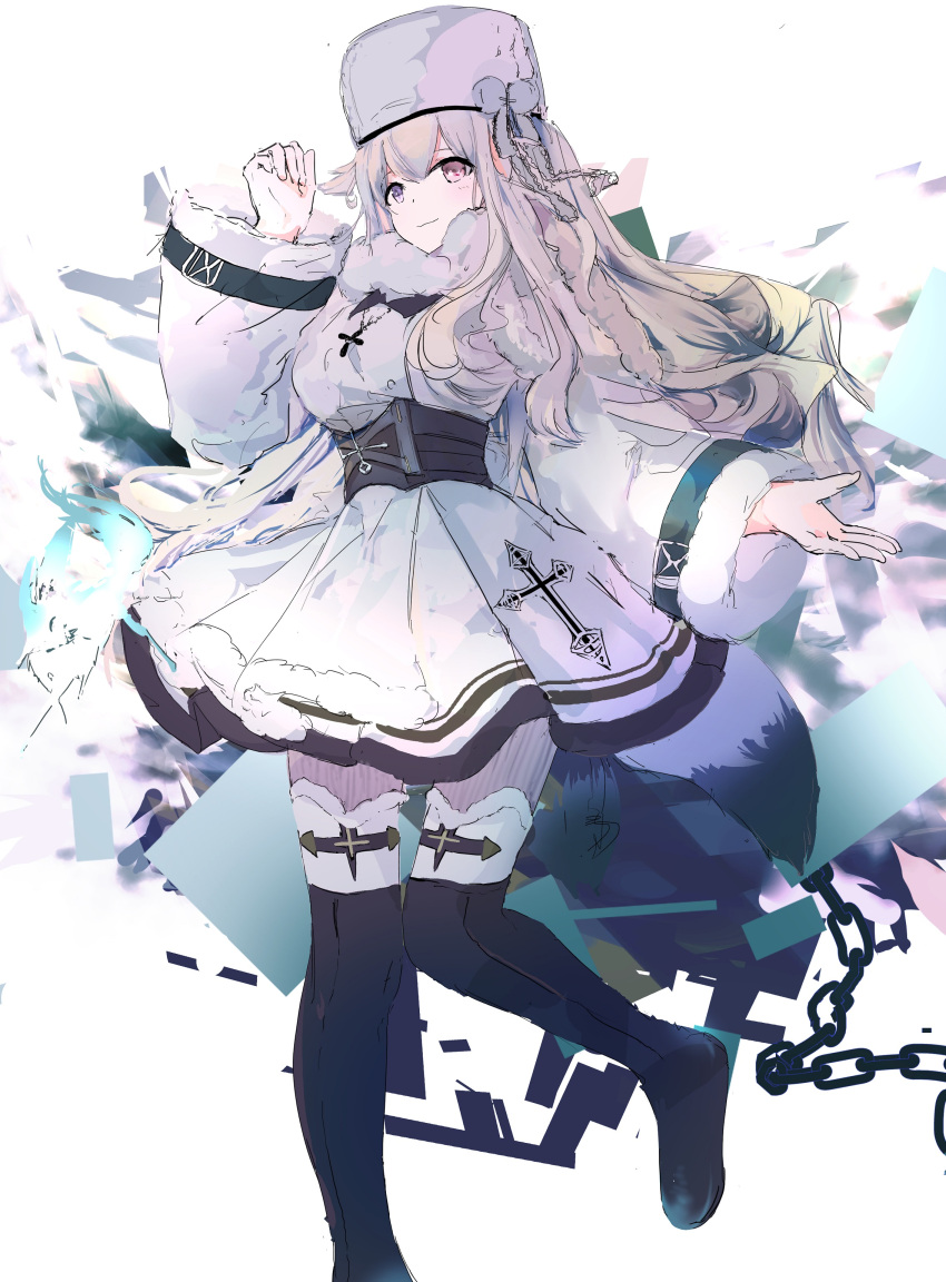 1girl abstract_background absurdres azur_lane black_footwear boots bow chain clip_studio_paint_(medium) coat_dress commentary dress full_body fur-trimmed_collar fur-trimmed_legwear fur_trim hand_up hat hat_bow heterochromia highres hinaname knee_boots long_hair long_sleeves looking_at_viewer murmansk_(azur_lane) papakha pink_eyes platinum_blonde_hair simple_background smile solo violet_eyes white_background white_dress white_headwear