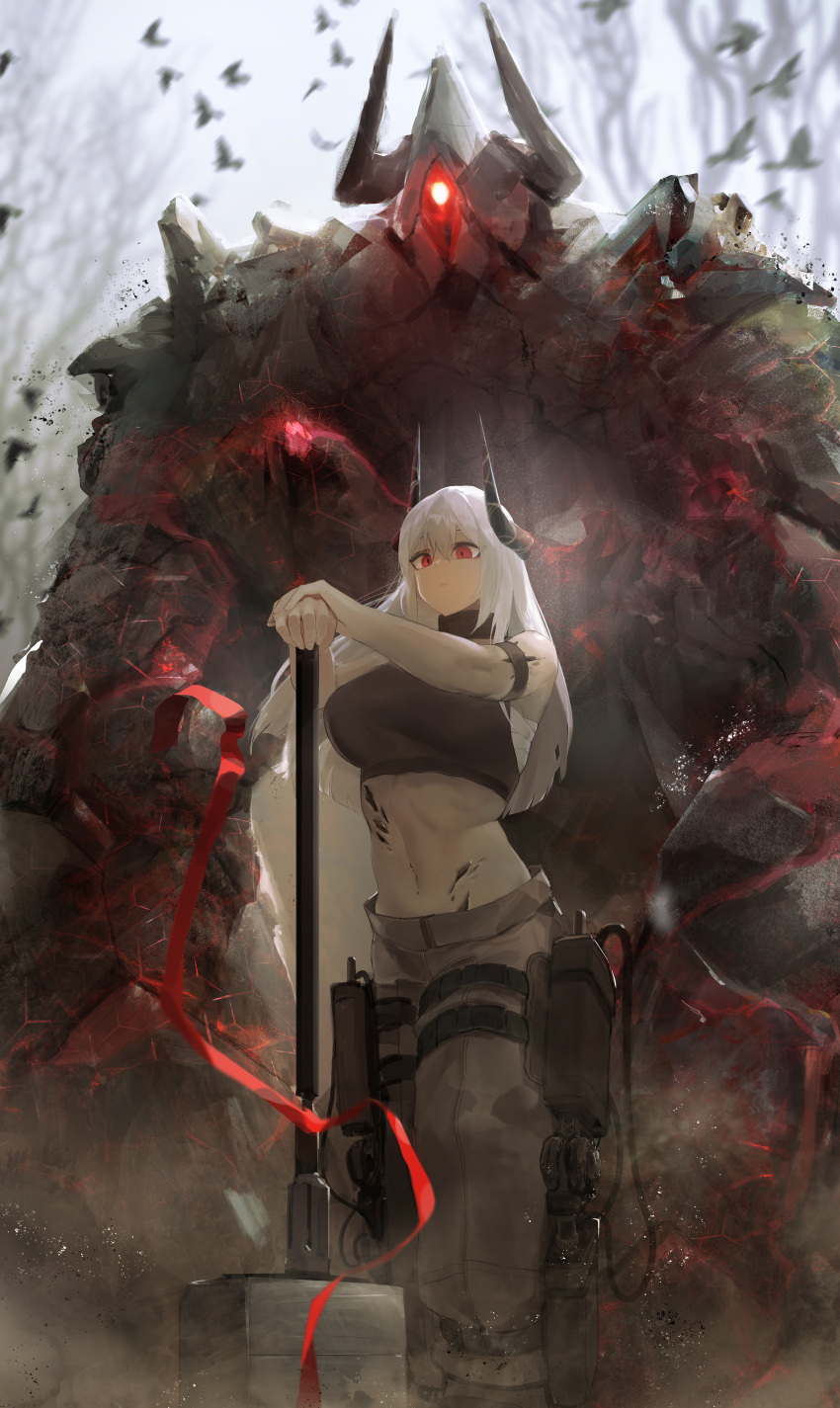 1girl abs absurdres arknights arm_strap belt bird black_gloves black_tank_top blurry blurry_background breasts cable closed_mouth commentary crop_top demon_horns dust expressionless feet_out_of_frame gloves glowing glowing_eye hair_between_eyes hammer hand_on_hilt highres holster horns large_breasts long_hair looking_at_viewer midriff mo_ne monster mudrock_(arknights) mudrock_colossus_(arknights) navel oripathy_lesion_(arknights) pants red_eyes red_ribbon ribbon sarashi silver_hair sledgehammer standing stomach straight_hair tank_top thigh_holster thigh_strap utility_belt white_pants