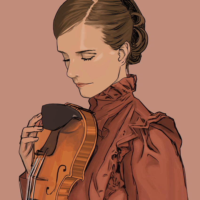 1girl brown_hair closed_eyes facing_viewer hair_up highres holding holding_instrument instrument lipstick makeup musician original photo-referenced pink_background red-core_timber simple_background solo violin