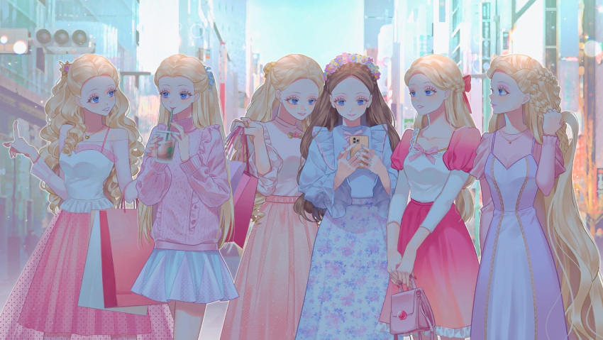 6+girls absurdly_long_hair alternate_costume anneliese_(barbie) bag ballet barbie_(character) barbie_(franchise) barbie_as_rapunzel barbie_as_the_princess_and_the_pauper barbie_in_the_12_dancing_princesses barbie_in_the_nutcracker barbie_movies barbie_of_swan_lake blonde_hair blouse blue_dress blurry blurry_background bow braid brown_hair building cable_knit casual cellphone cityscape cityscape_background clara_(barbie) clara_(the_nutcracker) coffee_cup cowboy_shot crossover cup curly_hair disposable_cup dress drinking drinking_straw erika_(barbie) everyone eyeshadow floral_dress floral_print flower flower_wreath friends frilled_sleeves frills genevieve_(barbie) grimm's_fairy_tales hair_bow hair_flower hair_ornament hair_pulled_back hair_ribbon head_wreath highres holding holding_bag holding_hair jewelry long_hair long_skirt long_sleeves look-alike looking_at_another looking_at_phone makeup matching_outfit miniskirt mulitple_braids multiple_girls necklace odette_(barbie) odette_(swan_lake) okitafuji pale_background pale_skin pastel_colors phone pink_dress pink_eyeshadow pink_sweater playing_with_own_hair pointing polka_dot polka_dot_dress polka_dot_skirt princess_and_the_pauper princess_anneliese_(barbie) puffy_sleeves rapunzel rapunzel_(barbie) rapunzel_(grimm) ribbon rose sheer_clothes sheer_skirt shirt_under_dress shopping shopping_bag skirt sky skyscraper sleeveless sleeveless_dress smartphone smile straight_hair straw swan_lake sweater tank_top the_nutcracker tulle very_long_hair