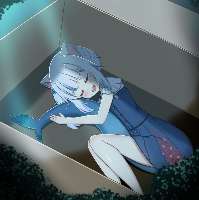 1girl :d absurdres animal_ears bangs blue_dress blue_hair blush box cardboard_box cat_ears closed_eyes commentary dress eyebrows_visible_through_hair fish_tail gawr_gura grey_hair hair_cubes hair_ornament highres hololive hololive_english in_box in_container jiu_(sdesd3205) lying multicolored_hair night on_side open_mouth outdoors shark_tail sharp_teeth shirt side_ponytail sleeveless sleeveless_dress smile solo streaked_hair tail tail_hug teeth virtual_youtuber white_shirt
