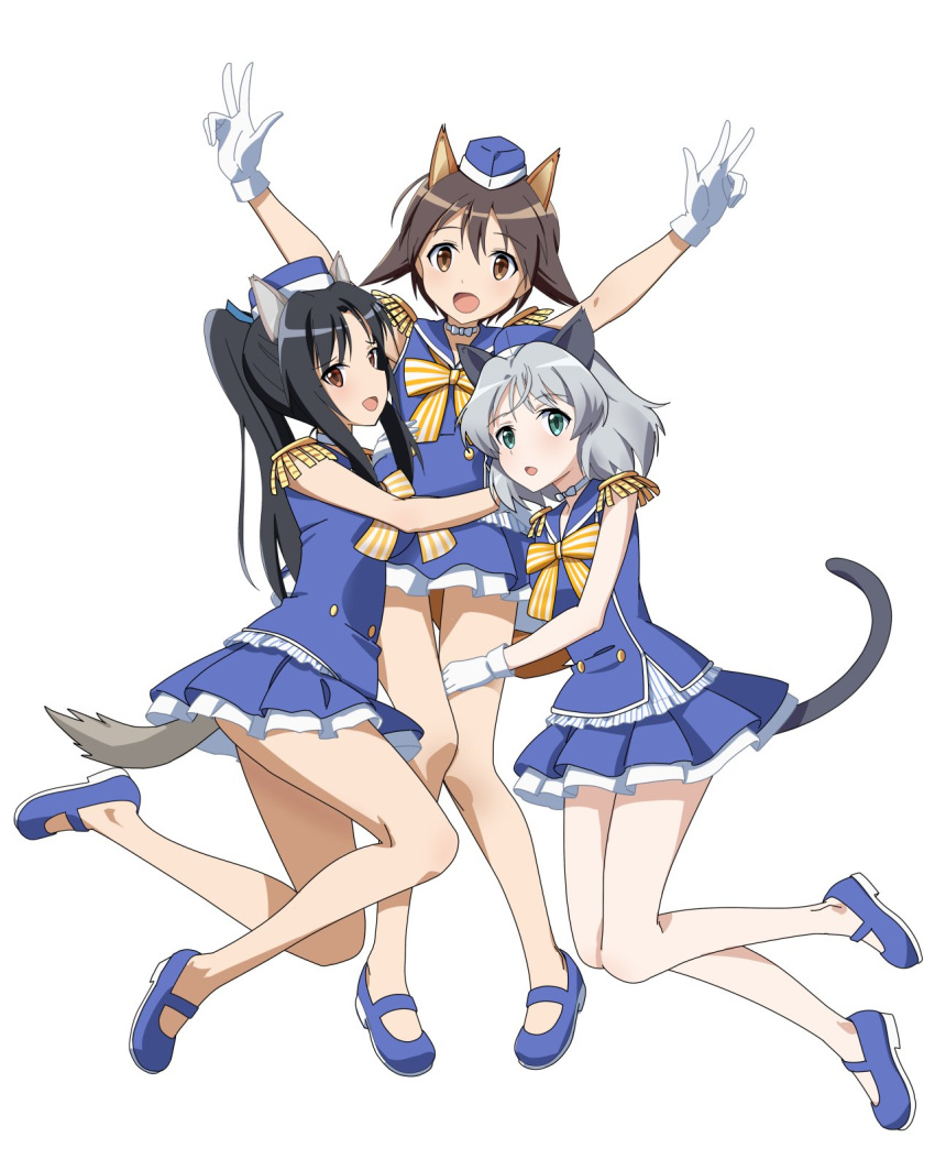 3girls animal_ears arms_up bangs blouse blue_blouse blue_footwear blue_headwear blue_skirt bow bowtie brown_eyes brown_hair cat_ears cat_tail commentary_request dog_ears dog_tail double_w epaulettes floating garrison_cap girl_sandwich gloves green_eyes grey_hair hair_flaps hat hattori_shizuka highres hug idol kaneko_(novram58) layered_skirt legs_up long_hair looking_at_viewer mary_janes miniskirt miyafuji_yoshika multiple_girls open_mouth pleated_skirt ponytail sandwiched sanya_v._litvyak shoes short_hair simple_background skirt smile strike_witches tail w white_background white_gloves world_witches_series yellow_neckwear