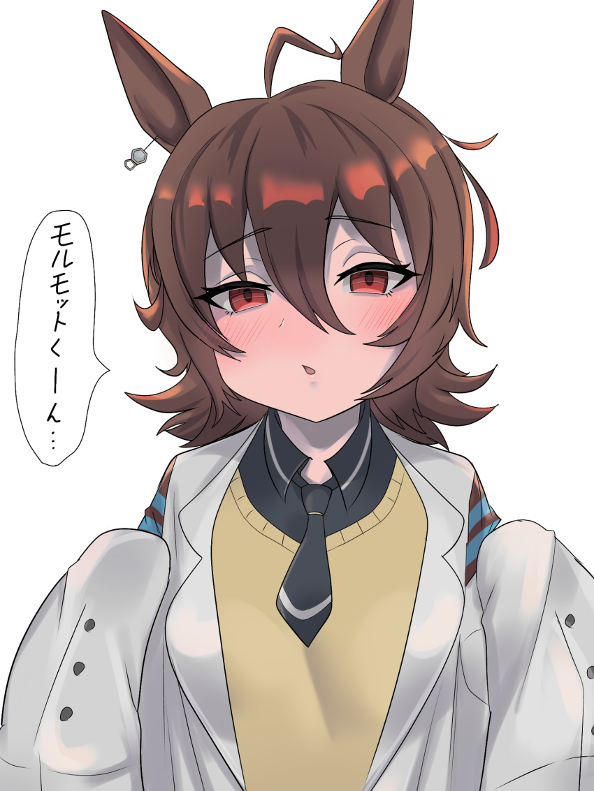 1girl agnes_tachyon_(umamusume) ahoge animal_ears aramaru bangs black_neckwear black_shirt blush brown_hair collared_shirt commentary eyebrows_visible_through_hair half-closed_eyes highres horse_ears horse_girl labcoat looking_at_viewer medium_hair necktie parted_lips red_eyes shirt simple_background sleeves_past_fingers sleeves_past_wrists solo sweater translated umamusume upper_body white_background yellow_sweater