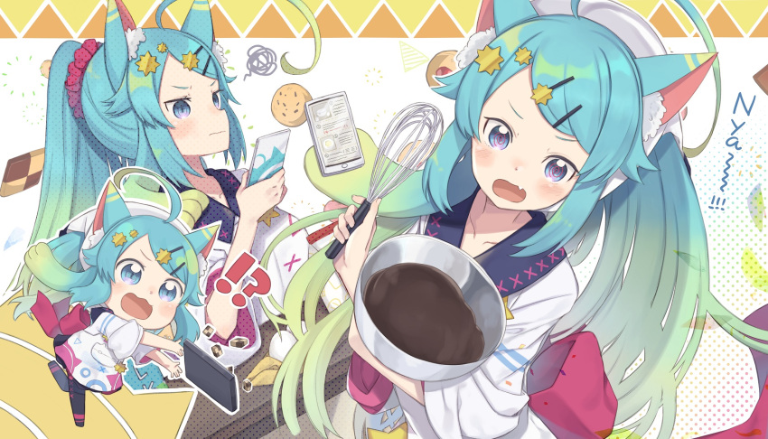 !? 1girl @_@ ahoge apron bangs black_legwear blue_eyes blue_hair bowl cellphone checkerboard_cookie closed_mouth commentary_request cookie fang food gradient_hair green_hair hair_ornament hairclip highres holding holding_bowl holding_phone lanmewko mixing_bowl multicolored_hair multiple_views open_mouth original pantyhose phone squiggle swept_bangs totatokeke tray tripping wavy_mouth whisk white_apron