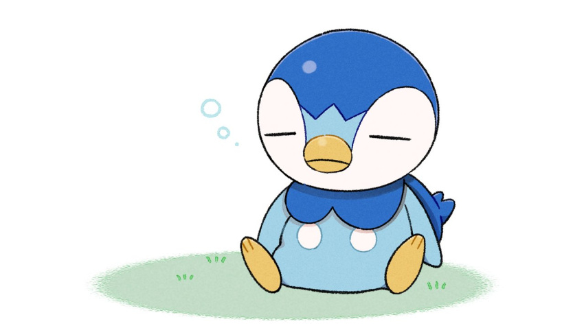 bubble closed_eyes closed_mouth commentary_request creature gen_4_pokemon grass no_humans official_art piplup pokemon pokemon_(creature) prj_pochama sitting sleeping solo starter_pokemon