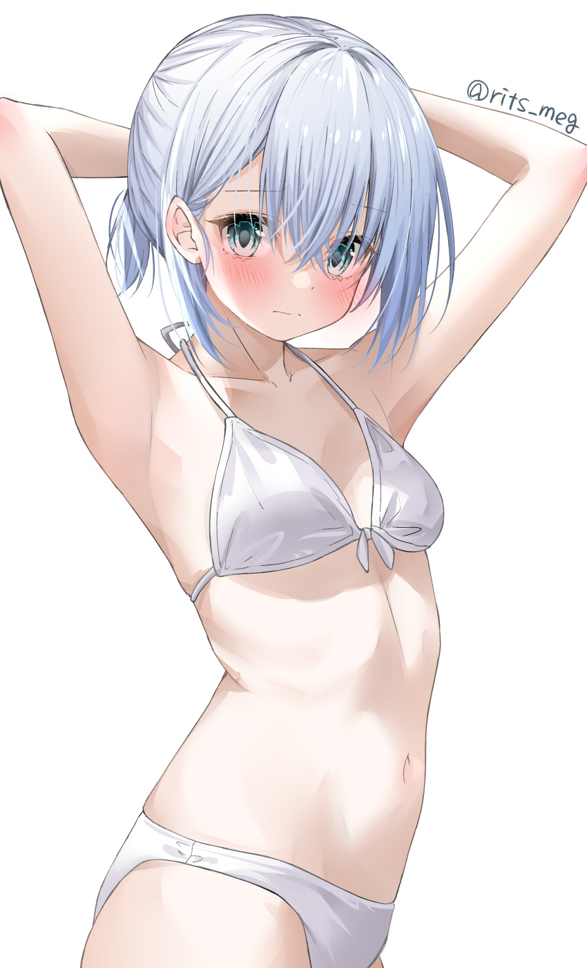 1girl absurdres armpits arms_behind_head arms_up bang_dream! bangs bikini blush breasts closed_mouth commentary from_side front-tie_bikini front-tie_top frown green_eyes highres kurata_mashiro looking_at_viewer navel rits_(apud8788) short_hair short_ponytail silver_hair simple_background small_breasts solo standing swimsuit twitter_username white_background