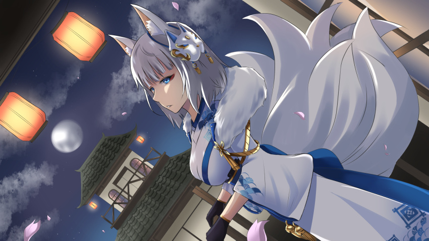 1girl animal_ear_fluff animal_ears architecture azur_lane black_gloves blue_sash breasts dutch_angle east_asian_architecture eyeliner fox_ears fox_mask from_side full_moon fur-trimmed_kimono fur_trim gloves half_gloves highres japanese_clothes kaga_(azur_lane) kaga_(white_fox's_new_year_greetings)_(azur_lane) kimono kitsune large_breasts looking_at_viewer makeup mask mask_on_head medium_hair moon multiple_tails nero_(geuk4788) official_alternate_costume sash tail white_kimono white_tail wide_sleeves