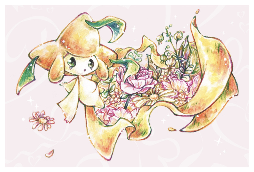 border colored_pencil_(medium) commentary_request flower gen_3_pokemon green_eyes highres jirachi looking_at_viewer looking_to_the_side mythical_pokemon neshiro_minoru no_humans petals pokemon pokemon_(creature) solo traditional_media white_border
