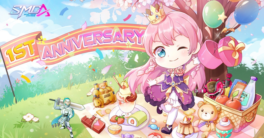 1girl anniversary arthur_(smc) banner caramel_(smc) cherry_blossoms chibi crown field firefox_(smc) food gift gun mila_(smc) mole mole_under_eye official_art one_eye_closed petals picnic_basket stuffed_animal stuffed_toy super_mecha_champions teddy_bear toy weapon