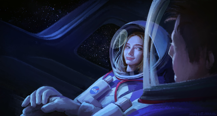 1boy 1girl artist_name blue_eyes brown_hair eye_contact hetero highres holding_hands johnathan_wyles looking_at_another nasa_logo realistic river_wyles sancliff space space_helmet spacesuit spoilers star_(sky) to_the_moon