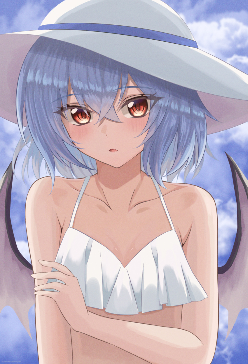 1girl bangs bikini blush breasts clouds eyebrows_visible_through_hair eyes_visible_through_hair hair_between_eyes hand_on_own_arm hat highres looking_at_viewer open_mouth purple_hair red_eyes remilia_scarlet short_hair sky small_breasts solo souyoru swimsuit touhou underwear white_bikini white_headwear wings