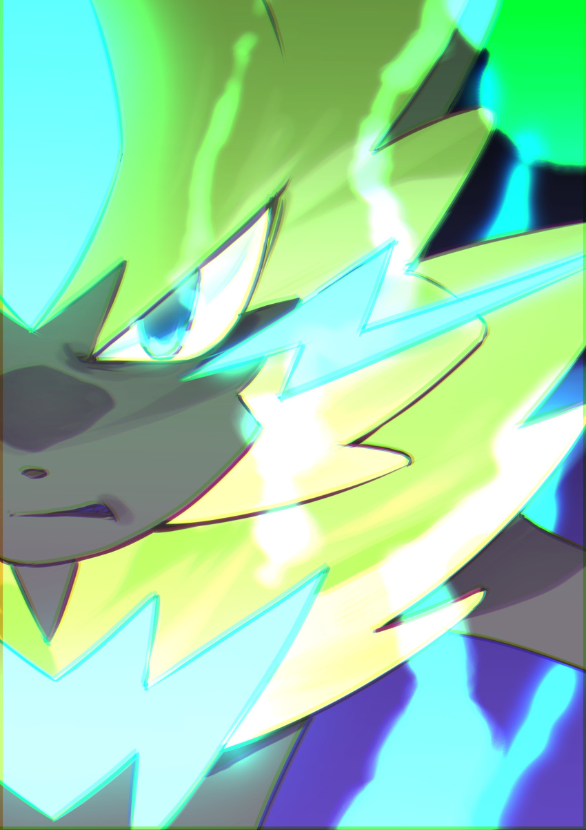 absurdres blue_eyes commentary_request electricity gen_7_pokemon highres looking_at_viewer mythical_pokemon no_humans ohashi_aito outstretched_arm parted_lips pokemon pokemon_(creature) solo upper_body yellow_fur zeraora