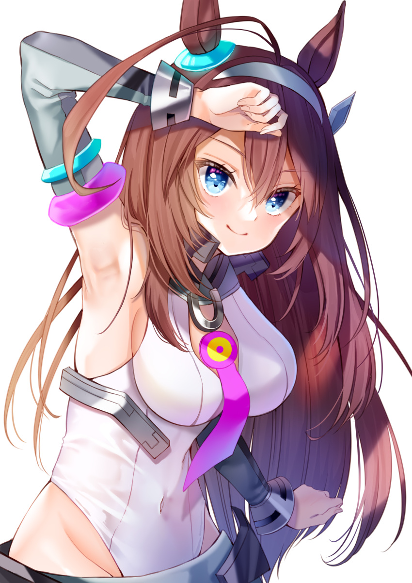 1girl absurdres animal_ears blue_eyes breasts brown_hair closed_mouth commentary_request covered_navel highres horse_ears horse_girl long_hair looking_at_viewer mihono_bourbon_(umamusume) smile solo umamusume yoshida_iyo