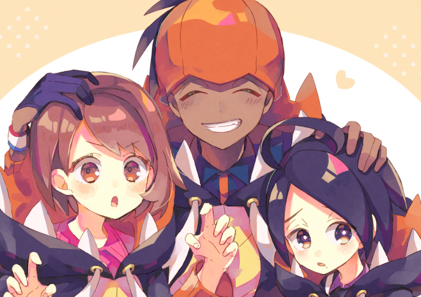 1girl 2boys :o ahoge allister_(pokemon) bangs black_hair black_hoodie blush bob_cut brown_eyes brown_hair buttons claw_pose closed_eyes collared_dress collared_shirt commentary_request dark-skinned_male dark_skin dress dynamax_band gloria_(pokemon) gloves grin gym_leader hand_on_another's_head hands_up highres hood hood_down hoodie long_sleeves multiple_boys nagatsukiariake open_mouth pink_dress pokemon pokemon_(game) pokemon_swsh raihan_(pokemon) raised_eyebrows shiny shiny_hair shirt short_hair single_glove smile teeth tongue