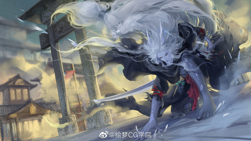 1boy architecture artist_request bare_legs black_eyes black_robe black_sleeves blue_sky braid check_copyright chinese_clothes colored_skin copyright_request demon_horns east_asian_architecture feet floating_hair full_body gradient_skin grey_skin hand_on_ground hanfu highres holding holding_sword holding_weapon horns leg_tattoo long_hair long_sleeves looking_ahead low-tied_long_hair male_focus on_one_knee original outdoors parted_lips robe second-party_source single_braid sky smoke solo sunrise sword tattoo toenails toes torn_clothes torn_sleeves very_long_hair watermark weapon weibo_logo weibo_username white_hair white_horns white_skin