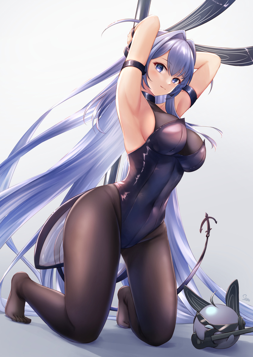 1girl anchor_ornament animal_ears arm_strap armpits arms_up artist_name azur_lane bangs black_legwear black_leotard blush bodystocking breasts closed_mouth covered_navel creature eyebrows_visible_through_hair fake_animal_ears full_body hair_intakes highres kneeling large_breasts leotard long_hair looking_at_viewer new_jersey_(azur_lane) new_jersey_(exhilarating_steps!)_(azur_lane) no_shoes purple_hair rabbit_ears sebu_illust simple_background smile solo stripper_pole very_long_hair violet_eyes white_background wide_hips