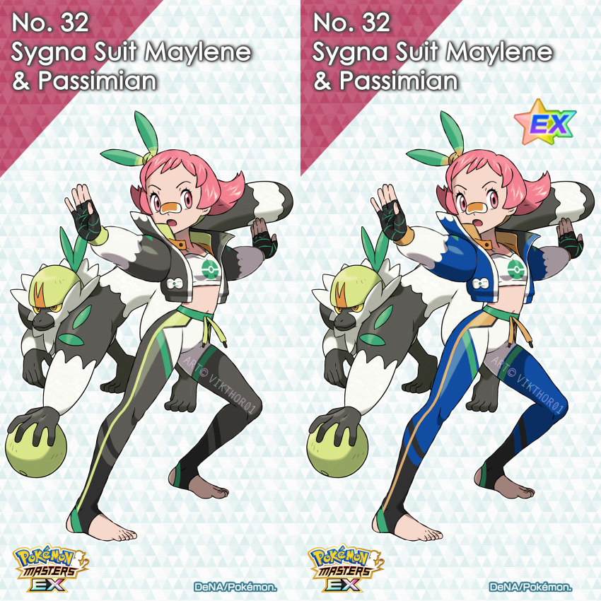 1girl absurdres bandaid bandaid_on_nose bangs bow_hairband cropped_jacket eyelashes fingerless_gloves gen_7_pokemon gloves green_hairband hairband highres leggings legs_apart maylene_(pokemon) multiple_views navel number open_mouth outstretched_arms passimian pink_eyes pink_hair pokemon pokemon_(creature) pokemon_(game) pokemon_dppt pokemon_masters_ex short_hair standing stirrup_legwear toeless_legwear toes tongue vikthor01