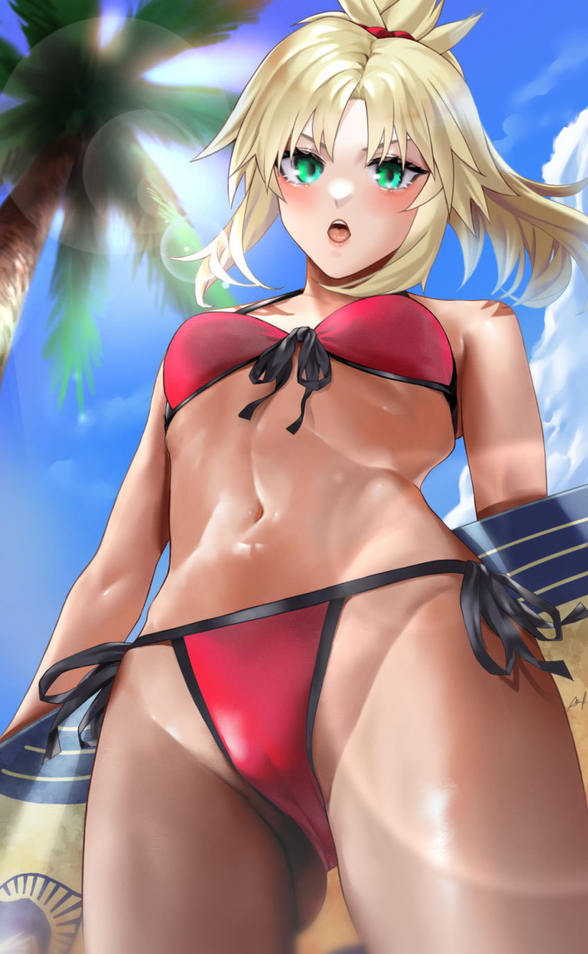 1girl bangs bikini blonde_hair blue_sky breasts fate_(series) green_eyes hair_ornament hair_scrunchie highres holding holding_surfboard kos-owl long_hair looking_at_viewer mordred_(fate)_(all) mordred_(swimsuit_rider)_(fate) navel open_mouth palm_tree parted_bangs ponytail prydwen_(fate) red_bikini scrunchie sidelocks sky small_breasts solo surfboard swimsuit tree