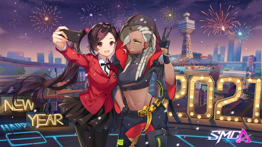 2021 2girls braid cityscape eyebrows_visible_through_hair fireworks happy_new_year highres hood hoodie logo multiple_girls new_year ning_(smc) official_art phone r.e.d_(smc) school_uniform selfie sky smile star_(sky) starry_sky super_mecha_champions twintails
