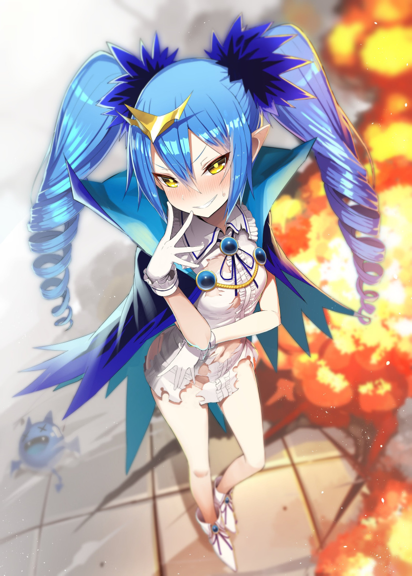 1girl absurdres ankle_boots blue_cape blue_hair blue_neckwear blue_ribbon blurry blurry_background blush bombergirl boots brooch cape depth_of_field dress drill_hair explosion full_body gloves greatmosu grin hair_between_eyes hand_up highres jewelry lewisia_aquablue long_hair looking_at_viewer multicolored_hair navel neck_ribbon pointy_ears purple_hair ribbon short_dress smile solo sweat torn_clothes twin_drills two-tone_hair white_footwear white_gloves yellow_eyes