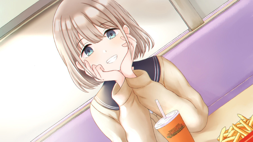 1girl bangs black_sailor_collar blue_eyes brown_cardigan brown_hair cardigan commentary_request copyright_name couch cup disposable_cup drinking_straw eyebrows_visible_through_hair fast_food food french_fries gatchapowa grin hair_between_eyes hands_up idolmaster idolmaster_shiny_colors looking_at_viewer on_couch sailor_collar school_uniform serafuku serizawa_asahi sitting smile solo table upper_body