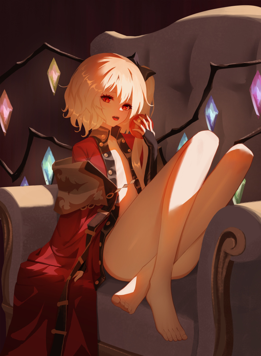 1girl absurdres apple barefoot blonde_hair couch crystal dark_background flandre_scarlet food fruit full_body highres holding holding_food holding_fruit iranon_(new_iranon) jacket no_hat no_headwear one_side_up open_mouth red_eyes red_jacket short_hair simple_background sitting solo touhou wings