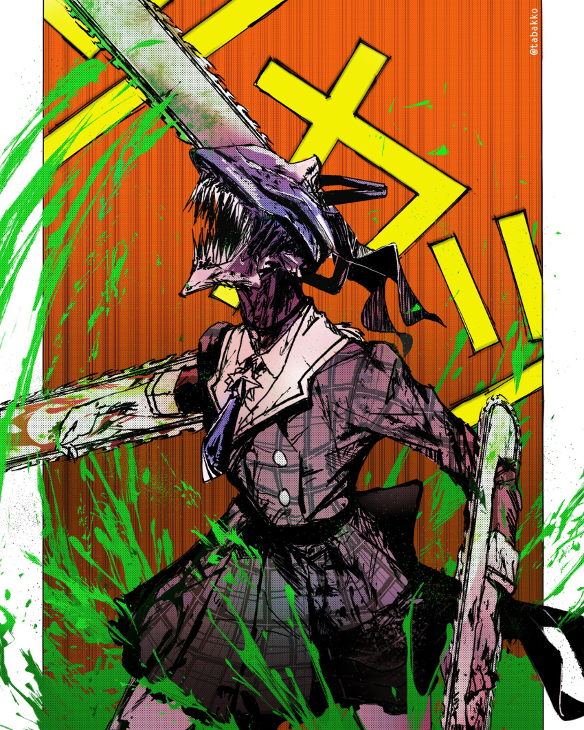 1girl absurdres blue_neckwear brooch chainsaw chainsaw_man collared_shirt commentary_request cowboy_shot highres hololive hoshimachi_suisei jewelry mr.holmes necktie open_mouth parody plaid plaid_jacket plaid_skirt pleated_skirt sharp_teeth shirt skirt splatter teeth twitter_username virtual_youtuber waist_bow