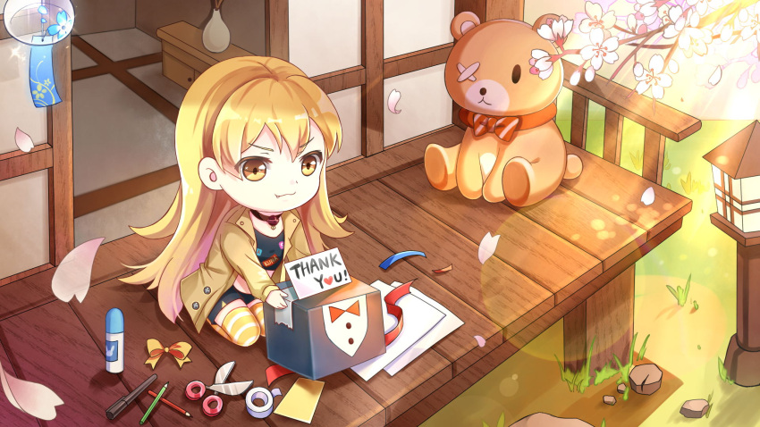 1girl blonde_hair cherry_blossoms chibi eyebrows_visible_through_hair fang father's_day gift glue_stick heart highres mila_(smc) official_art paper pen pencil petals ribbon scissors smile stuffed_animal stuffed_toy super_mecha_champions teddy_bear thank_you wind_chime yellow_eyes