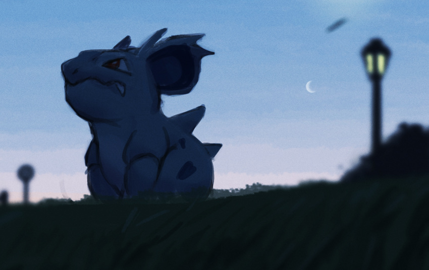blurry closed_mouth commentary_request crescent_moon fang fang_out from_below gen_1_pokemon highres lamppost looking_up moon nidorina no_humans one-hour_drawing_challenge outdoors pokemon pokemon_(creature) rend solo twilight