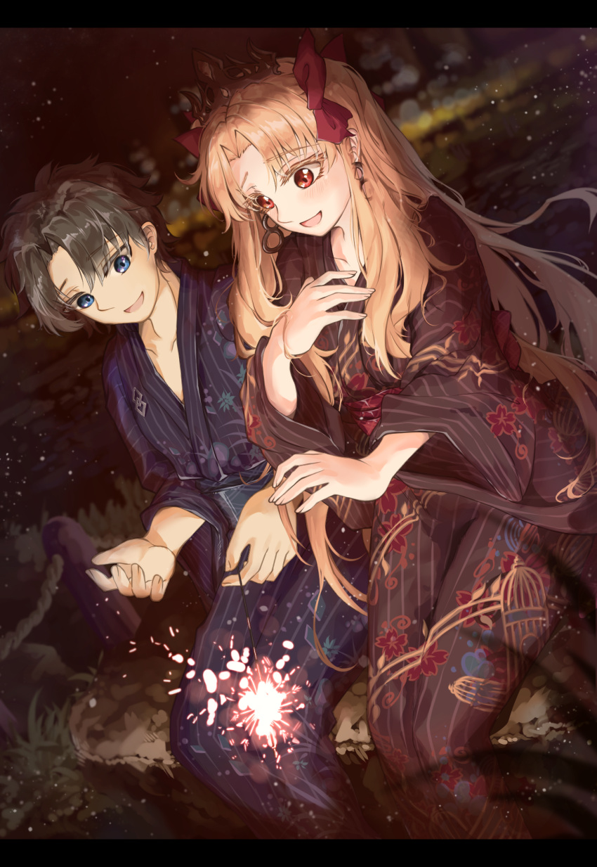 1boy 1girl :d black_kimono blonde_hair blue_eyes bow brown_hair collarbone day dutch_angle earrings ereshkigal_(fate) fate/grand_order fate_(series) floating_hair floral_print fujimaru_ritsuka_(male) hair_bow highres japanese_clothes jewelry kimono long_hair long_sleeves night open_mouth outdoors print_kimono red_bow red_eyes ru_251 shiny shiny_hair sitting smile very_long_hair wide_sleeves yukata