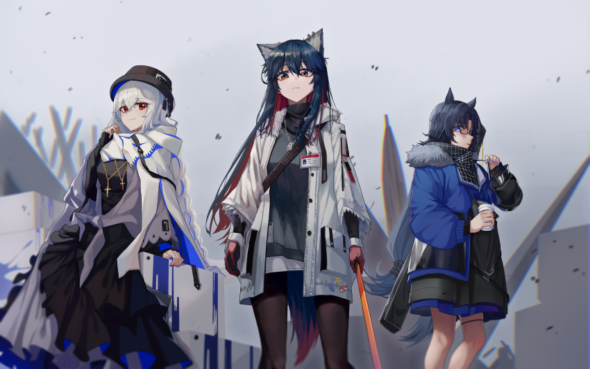3girls absurdres animal_ear_fluff animal_ears arknights bag bangs bespectacled black-framed_eyewear black_gloves black_hair black_headwear black_legwear black_robe black_scarf black_shirt black_sleeves blue_eyes blue_hair blue_jacket blue_nails chinese_commentary coat commentary_request cowboy_shot cross cross_necklace cup dierbeibanjia energy_sword eyebrows_visible_through_hair fang_(arknights) fang_(cruciata)_(arknights) fur-trimmed_coat fur-trimmed_jacket fur_trim glasses gloves hair_between_eyes highres holding holding_cup holding_sword holding_weapon id_card jacket jewelry legwear_under_shorts long_hair long_sleeves looking_at_viewer low-tied_long_hair multiple_girls nail_polish necklace official_alternate_costume open_mouth pantyhose red_eyes robe scarf shirt shorts silver_hair smile specter_(arknights) specter_(undercurrent)_(arknights) sword tail texas_(arknights) texas_(winter_messenger)_(arknights) very_long_hair weapon white_coat white_scarf white_shorts winter_clothes winter_coat wolf_ears wolf_girl wolf_tail