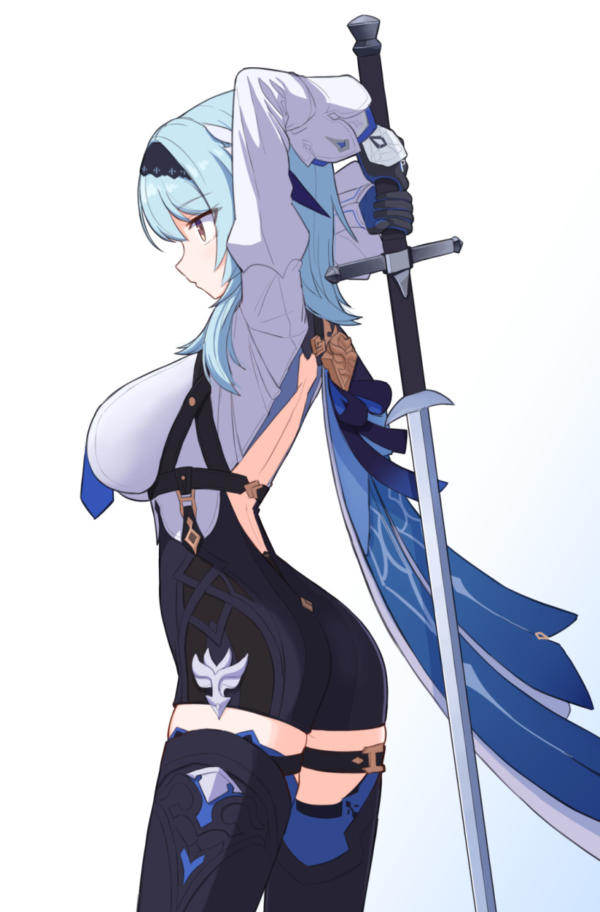 1girl ass back black_legwear blue_eyes blue_hair blue_neckwear boots breasts eula_lawrence from_side genshin_impact gloves hairband highres holding holding_sword holding_weapon jagd legs leotard short_hair simple_background sleeves solo sword thigh-highs thigh_boots thighs two-handed_sword violet_eyes weapon