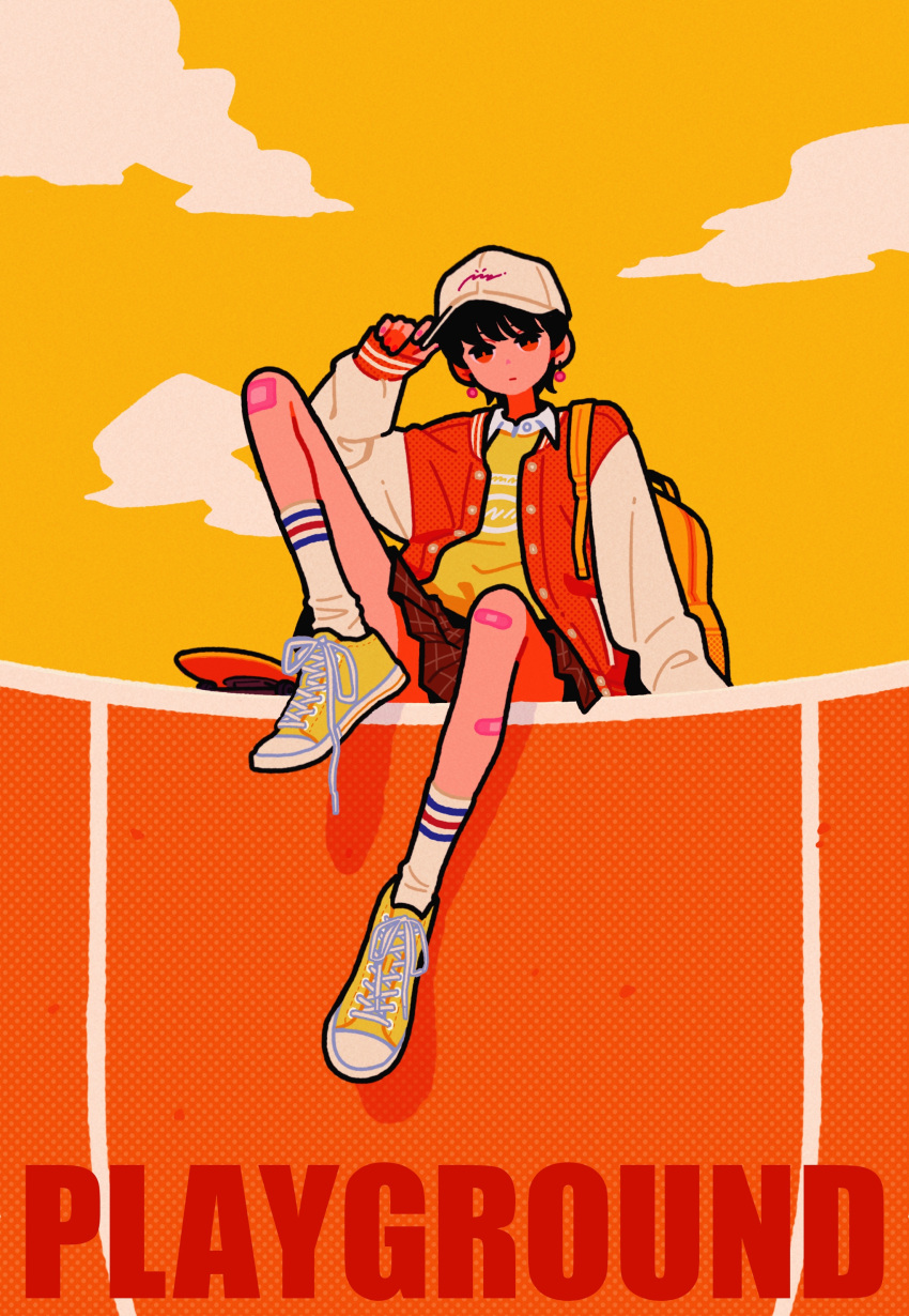 1girl absurdres arm_up backpack bag bandaid bandaid_on_knee bandaid_on_leg baseball_cap black_hair brown_skirt clouds cloudy_sky collared_shirt earrings english_text expressionless full_body halftone hat highres jacket jewelry knee_up long_sleeves looking_at_viewer orange_theme original pink_nails plaid plaid_skirt pleated_skirt shirt shoes short_hair sitting skateboard skirt sky sleeveless sleeveless_shirt socks solo yellow_bag yellow_footwear yellow_shirt yellow_skirt yoshi_mi_yoshi