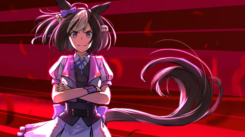 1girl animal_ears black_vest bob_cut bow brown_hair closed_mouth commentary_request cropped_jacket dress_shirt ear_bow hachimaki headband highres horse_ears horse_girl horse_tail jacket looking_at_viewer miniskirt multicolored_hair neck_ribbon pleated_skirt puffy_short_sleeves puffy_sleeves purple_bow purple_neckwear red_background ribbon sassakntm shirt short_hair short_sleeves skirt smile solo special_week_(umamusume) standing streaked_hair tail umamusume v-shaped_eyes vest violet_eyes white_hair white_headband white_jacket white_shirt wind wing_collar wrist_cuffs