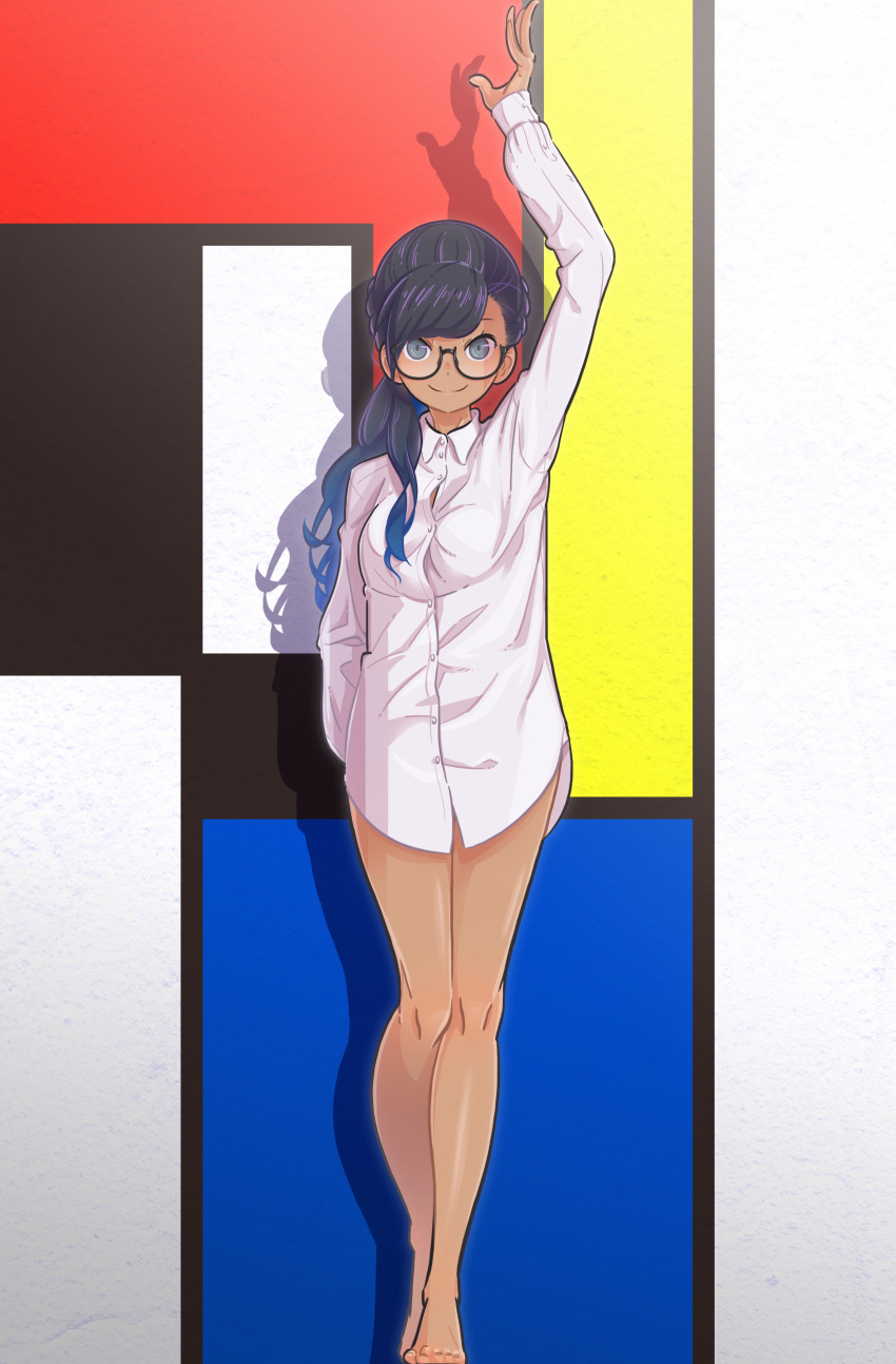 1girl absurdres arm_up bangs bare_legs barefoot black_hair blue_hair button_gap collared_shirt dark-skinned_female dark_skin full_body gradient_hair grey_eyes highres long_hair long_sleeves looking_at_viewer mondrian_(design) multicolored_hair original shadow shirt smile solo standing white_shirt yoshi_mi_yoshi