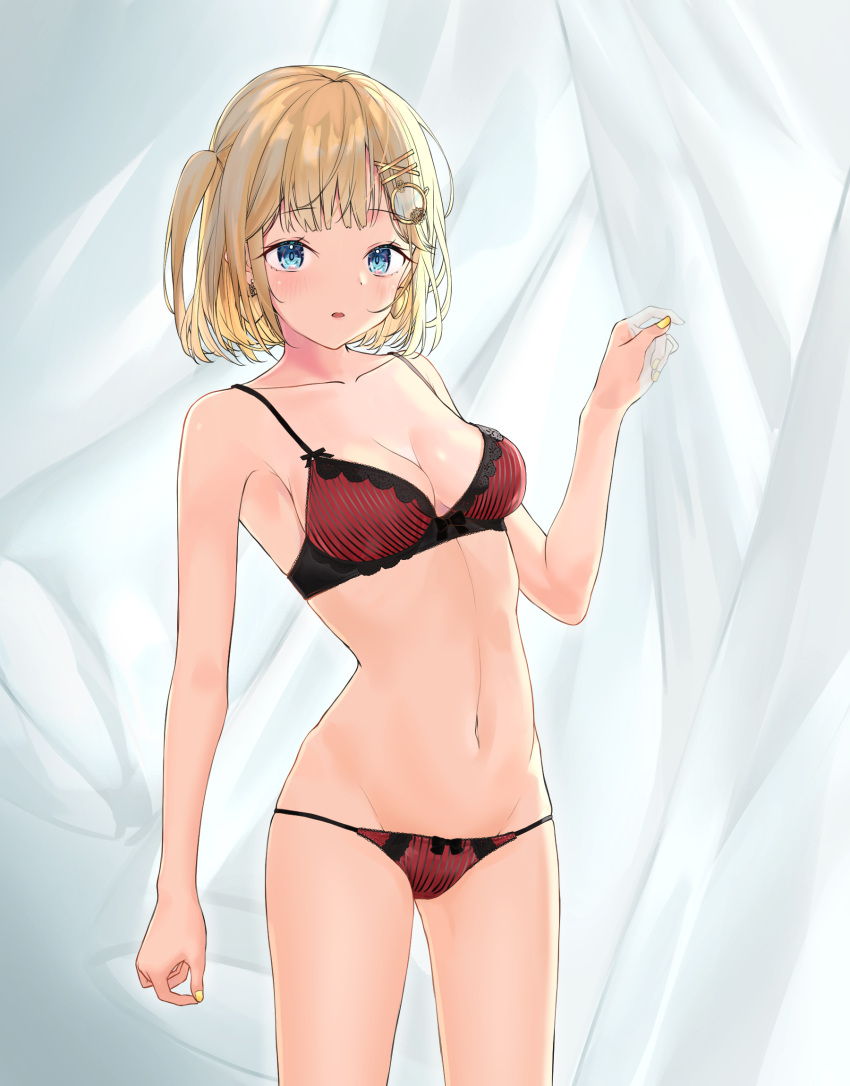 1girl bangs bare_shoulders blonde_hair blue_eyes bra breasts collarbone commentary cowboy_shot earrings english_commentary hair_ornament hand_up highres hololive hololive_english jewelry kiaoekakishitai looking_at_viewer medium_breasts medium_hair monocle_hair_ornament nail_polish navel panties red_bra red_panties solo standing stomach underwear underwear_only virtual_youtuber watson_amelia x_hair_ornament yellow_nails