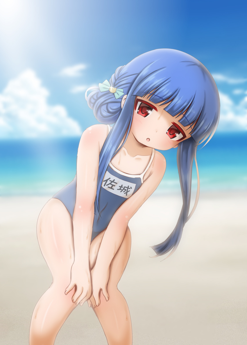 1girl beach blue_hair blue_swimsuit clouds covered_navel hands_on_own_thighs highres hosizora_mikoto idolmaster idolmaster_cinderella_girls leaning_forward long_hair one-piece_swimsuit open_mouth outdoors red_eyes sajo_yukimi school_swimsuit sky solo swimsuit thighs