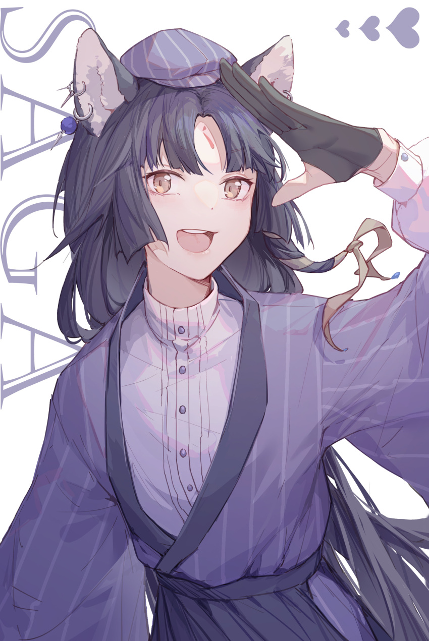 1girl :d absurdres animal_ears arknights bangs black_gloves black_hair character_name commentary_request dog_ears gloves grey_eyes hand_up hat heart highres japanese_clothes kimono kotatsu_kaya long_hair long_sleeves looking_at_viewer mini_hat open_mouth purple_headwear purple_kimono saga_(arknights) shirt simple_background smile solo upper_body white_background