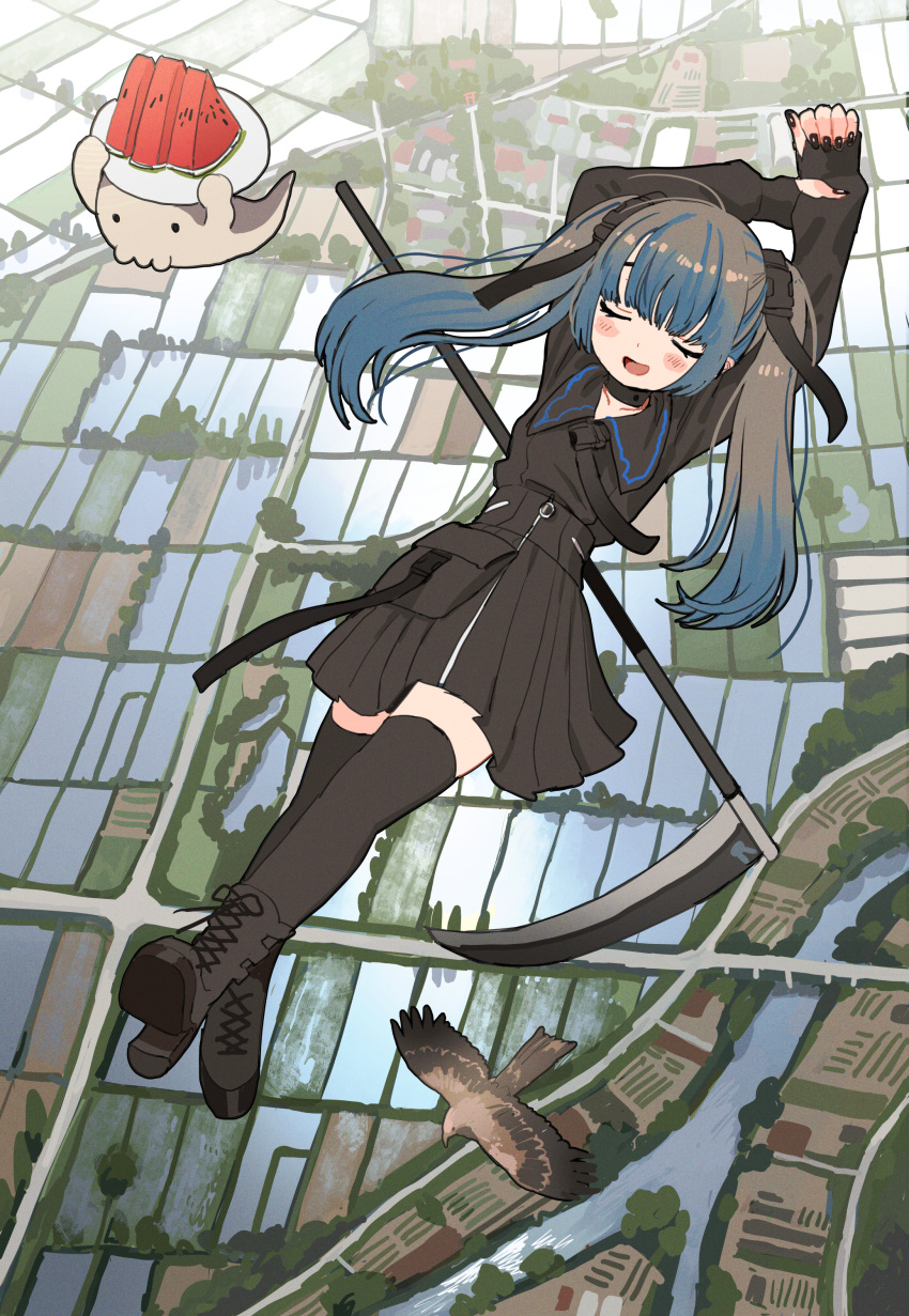 1girl absurdres bird black_clothes black_nails blue_hair blush_stickers boots closed_eyes flying ghost highres huge_filesize long_hair nail_polish original rice_paddy scythe shinigami skirt thigh-highs twintails watermelon_slice zinbei