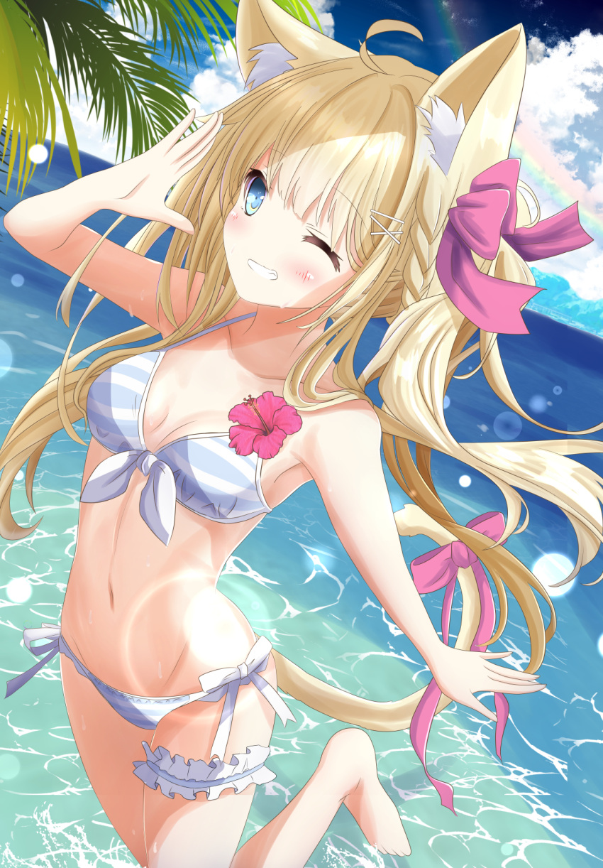 1girl ahoge animal_ear_fluff animal_ears aruka_(alka_p1) bare_arms bare_shoulders barefoot bikini blonde_hair blue_eyes blush bow braid breasts cat_ears cat_girl cat_tail collarbone commentary_request day dutch_angle grin hair_bow hand_up highres horizon long_hair ocean one_eye_closed original outdoors pink_bow rainbow small_breasts smile solo standing standing_on_one_leg striped striped_bikini swimsuit tail tail_bow tail_ornament twintails very_long_hair water