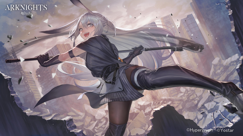 1girl :d absurdres animal_ears arknights black_gloves black_legwear boots breasts eyeliner gloves grey_eyes hammer highres holding holding_hammer holding_weapon long_hair looking_at_viewer makeup makitoshi0316 open_mouth pantyhose rabbit_ears ruins savage_(arknights) silver_hair smile solo teeth thigh-highs thigh_boots weapon