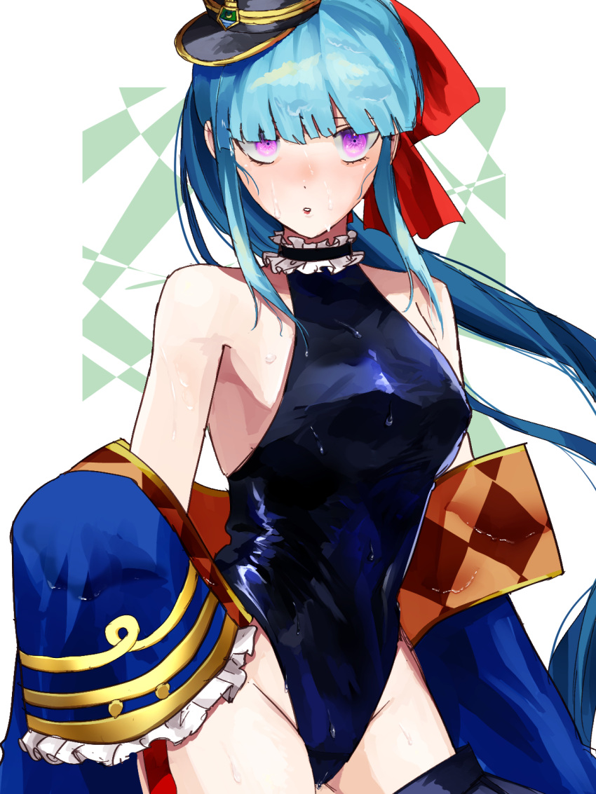 1girl arethusa_(azur_lane) azur_lane bare_shoulders black_swimsuit blue_hair blue_jacket breasts chasemuri hat highleg highleg_swimsuit highres jacket long_hair looking_at_viewer medium_breasts mini_hat one-piece_swimsuit open_clothes open_jacket simple_background solo swimsuit very_long_hair violet_eyes white_background