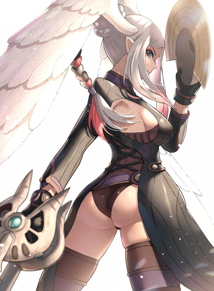 1girl absurdres ass blue_eyes breasts cowboy_shot eyeliner gonzarez head_wings highres holding holding_mask holding_weapon leotard makeup mask medium_breasts sideboob silver_hair simple_background solo tailcoat thigh-highs tyrea_(xenoblade) weapon white_background xenoblade_chronicles xenoblade_chronicles_(series)