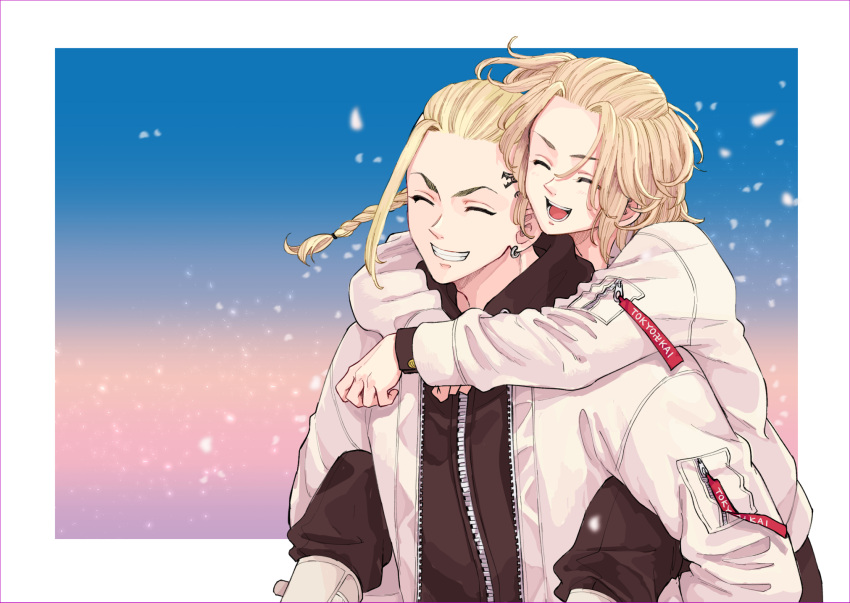 2boys ^_^ bangs black_jacket black_pants blonde_hair border braid braided_ponytail carrying closed_eyes cowboy_shot earrings grin highres jacket jewelry long_sleeves male_focus medium_hair meimei_(cb_mei) multiple_boys open_mouth pants piggyback ryuuguuji_ken sano_manjirou smile snow tattoo tokyo_revengers upper_body white_border white_jacket