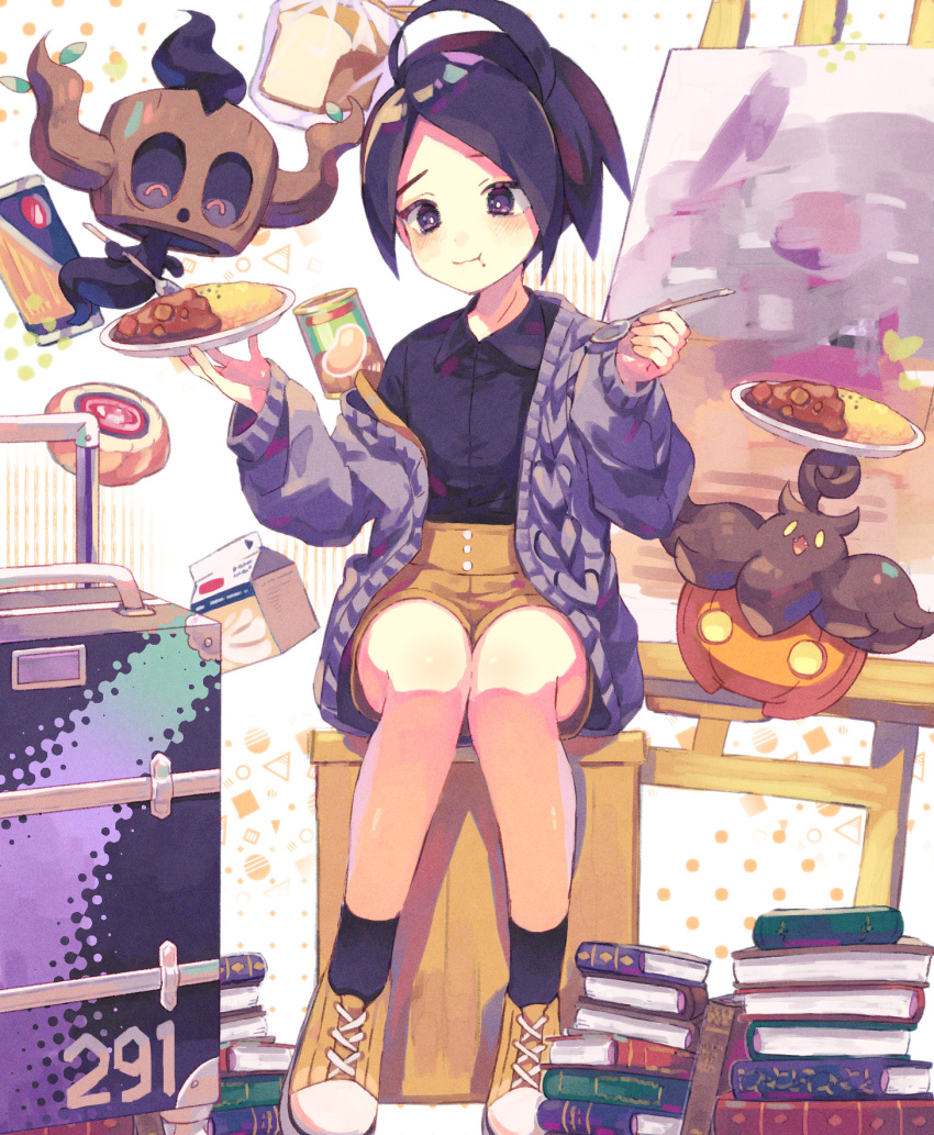 1boy :t ahoge allister_(pokemon) alternate_costume black_hair black_legwear black_shirt blush book buttons canvas_(object) cardigan closed_mouth collared_shirt commentary_request curry easel eating food gen_6_pokemon gym_leader highres holding holding_spoon long_sleeves male_focus mole mole_under_mouth nagatsukiariake number open_cardigan open_clothes phantump plate pokemon pokemon_(creature) pokemon_(game) pokemon_swsh pumpkaboo shiny shiny_hair shirt shoes short_hair shorts sitting socks spoon suitcase violet_eyes yellow_footwear