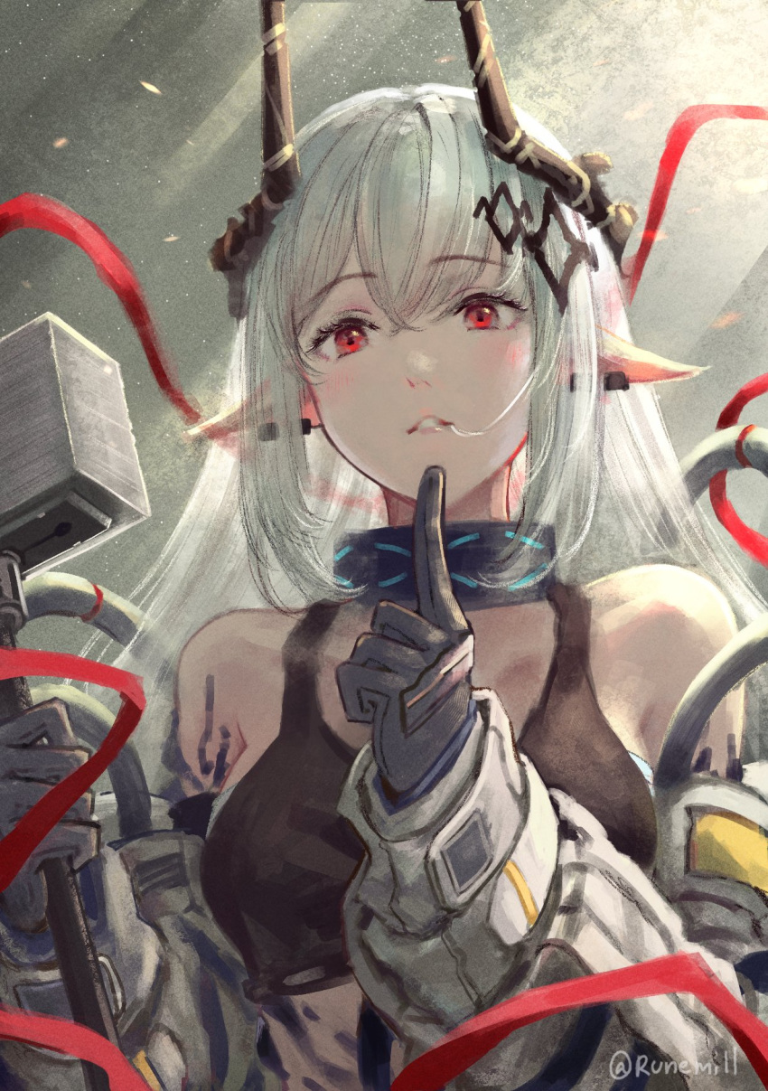 1girl arknights bare_shoulders black_gloves black_tank_top coat collarbone commentary crop_top ear_piercing english_commentary eyebrows_visible_through_hair gloves grey_background grey_coat grey_hair hair_ornament hammer hands_up highres holding holding_hammer holding_weapon horns index_finger_raised infection_monitor_(arknights) light_rays long_hair looking_at_viewer making-of_available mudrock_(arknights) off_shoulder oripathy_lesion_(arknights) parted_lips piercing pointy_ears red_eyes red_ribbon ribbon runemill sledgehammer solo sunbeam sunlight tank_top teeth twitter_username upper_body weapon