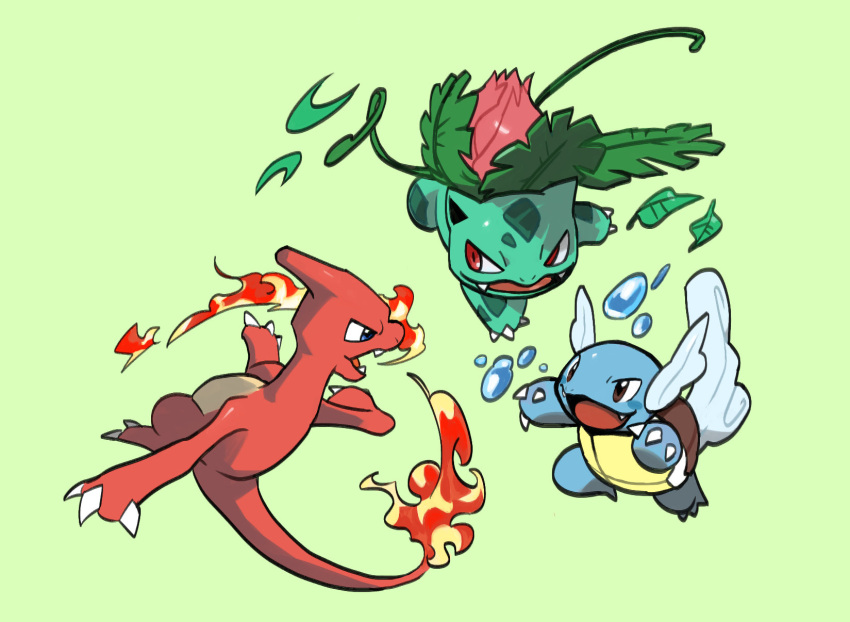 :d brown_eyes charmeleon claws fangs fire gen_1_pokemon green_background highres ivysaur kochi8i leaf no_humans open_mouth plant pokemon pokemon_(creature) red_eyes simple_background smile tongue vines wartortle