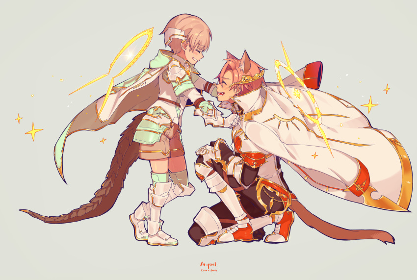 2boys animal_ears armor armored_boots armored_dress arpiel blush boots brown_shorts cape cat_ears cat_tail closed_eyes eyebrows_visible_through_hair fang fang_out floating_cape grey_background highres kneeling kyle_(arpiel) multiple_boys pangolin_tail short_hair shorts simple_background tail vine_(arpiel)