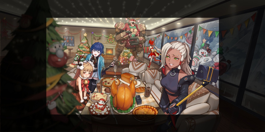 4girls anger_vein animal_costume bread cake caramel_(smc) christmas christmas_ornaments christmas_tree couch doomlight_(smc) eyebrows_visible_through_hair fingerless_gloves fireplace food gift glass gloves headpat heart highres iori_(smc) joanna_(smc) knife lasagna_(food) mila_(smc) muffin multiple_girls official_art phone photo_shoot pizza pout r.e.d_(smc) reindeer_costume ribbon santa_costume selfie_stick snowman super_mecha_champions sweatdrop turkey_(food) window